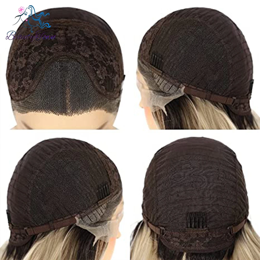 Perruque Lace Front Wig synthétique courte et ondulée brune ombrée 13x3, perruque à reflets colorés pour femmes, perruque de Cosplay à usage