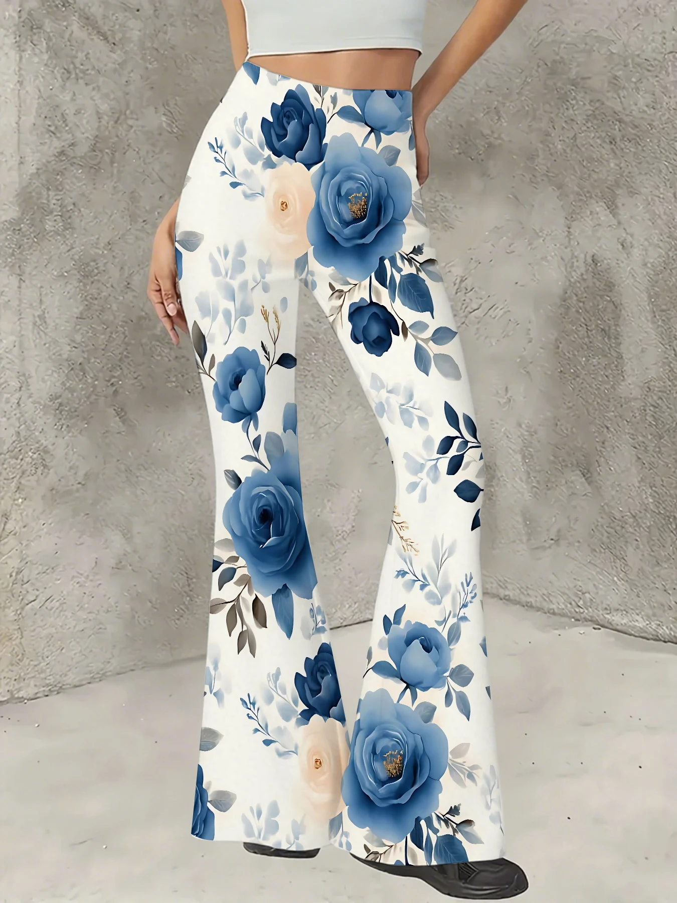 

Women's Floral Print Flare Pants Elegant Stretchy Bell Bottom Trousers Summer