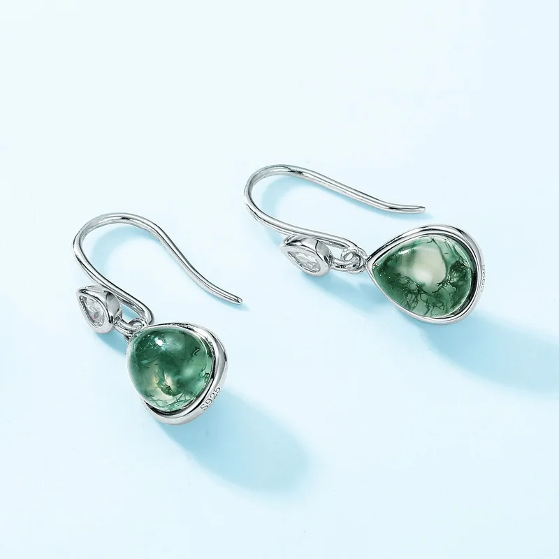 

Moss Agate Water Drop Earrings 925 Silver Hypoallergenic Waterdrop Earrings Strass Women