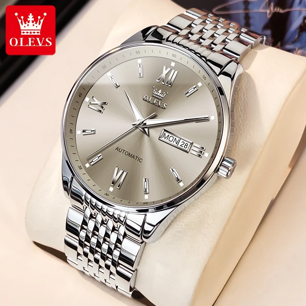 

OLEVS 6777 Men's Watch Luxury Brand Waterproof Stainless Steel Mechanical Watch Business Dual Calendar Automatic Men's Watch