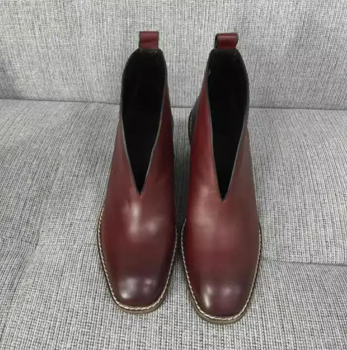 Vintage nero bordeaux sfumato in pelle di mucca profonda V anteriore Slip On stivali punta quadrata tacchi grossi stivaletti invernali in peluche
