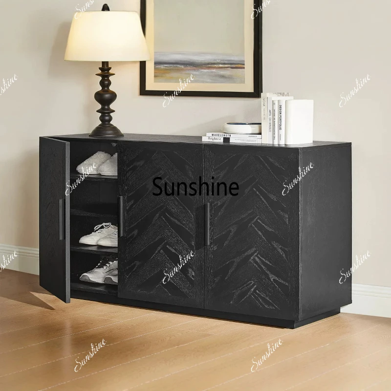 

Retro and old black solid wood shoe cabinet, three-door large-capacity entrance living room storage