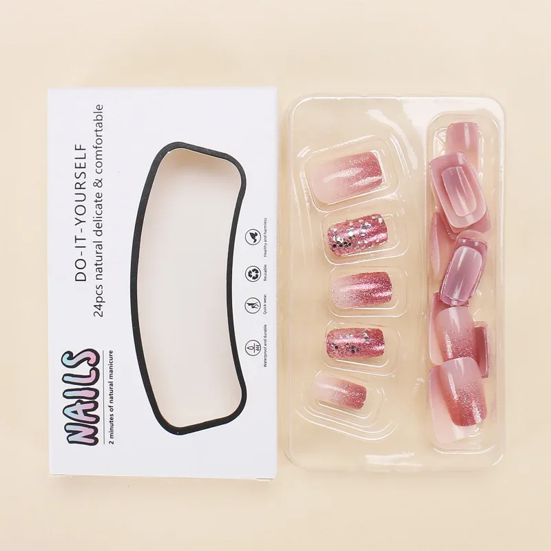 24Pcs Medium Short Square False Nails Glittering Nail Art White Wearable Fake Nail Silver French Full Cover Press on Nail Tips