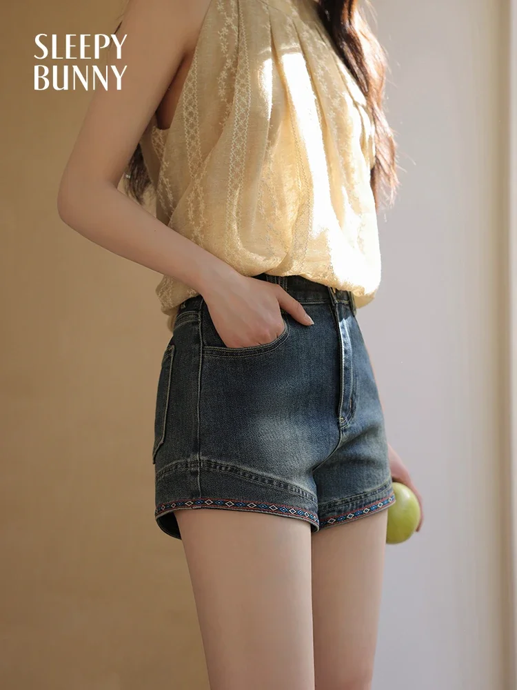 Women High-Waisted Denim Shorts Summer Slim Fit Bohemian Style with Woven Strap Detailing Trendy Sexy Hot Pants for Stylish Look