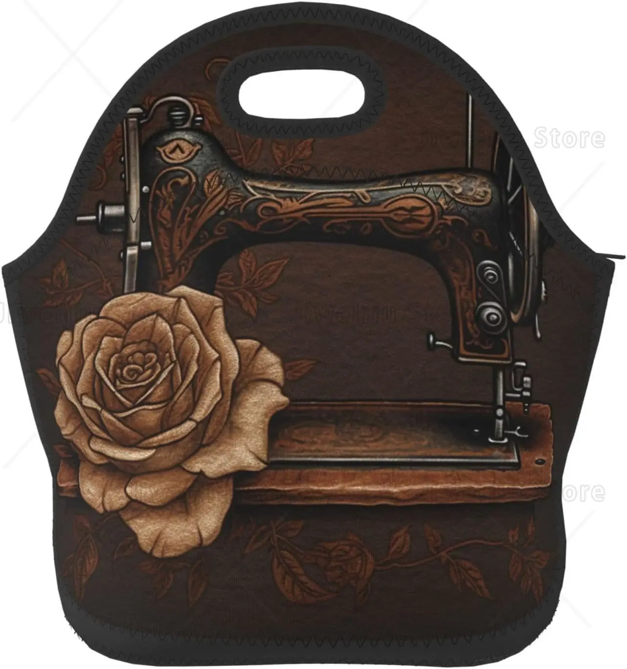 

Неопреновая сумка для обеда с принтом «Роза и швейная машинка», термоизолированная, для женщин и мужчин, многоразовая сумка-тоут