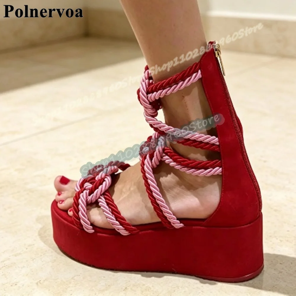 Trending Thick Soled Red Flock String Knot Sandals Flats Women Shoes Back Zipper Open Toe 2026 Fashionable Zapatos Para Mujer
