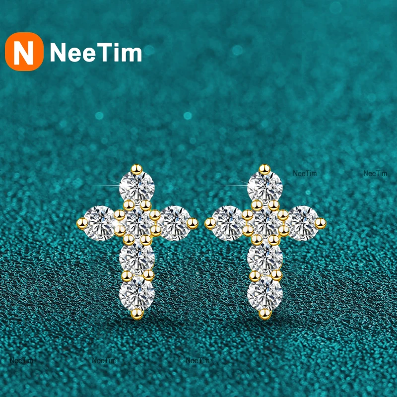 

Серьги-гвоздики NeeTim с муассанитом и крестом 2 мм, лабораторные бриллианты, стерлинговое серебро 925 пробы с позолоченными свадебными ослепительными серьгами, ювелирные изделия