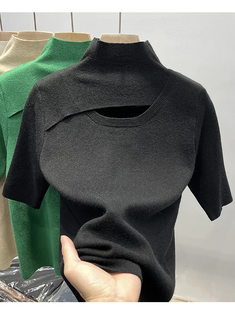 Women\'s Knitting T Shirt Hollow Out Solid Casual Tee Shirt Femme Half Sleeve Turtleneck Slim Thin Summer New Fashion Tops Female