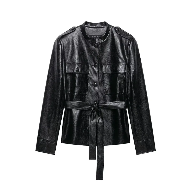 Motorcycle Style Leather PU Jacket Women's Belted Coat Top Short Length Long Sleeve Fashionable Female Clothing