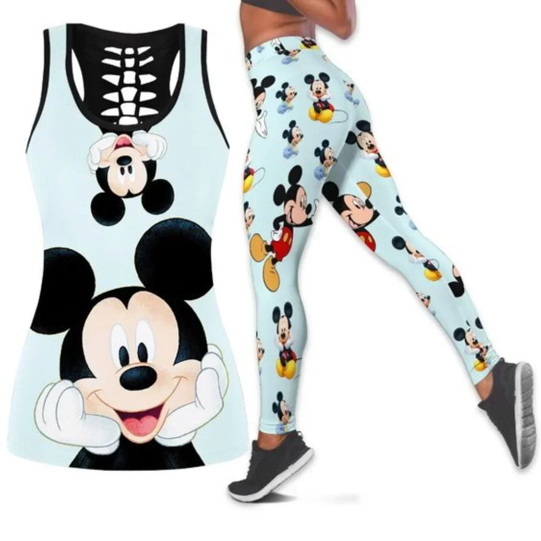 Mickey Mouse Women\'s Hollow Vest Women\'s Leggings Yoga Suit Fitness Leggings Sports Suit Disney Tank Top Legging Set Outfit