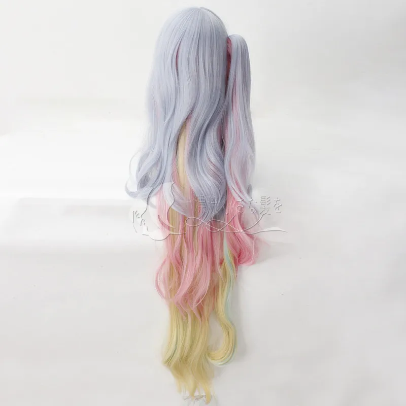 No Game No Life Shiro Cosplay Wig 120cm Blue Pink Yellow Mix Long Wavy Heat Resistant Synthetic Hair Clip Ponytail Wigs +Wig Cap