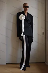 Luxury Black White Men Suit Set 2 Pieces Blazer+Pants Formal 3D Flower Cotton Office Jacket Cotton Coat Trousers Wedding Tuxedos