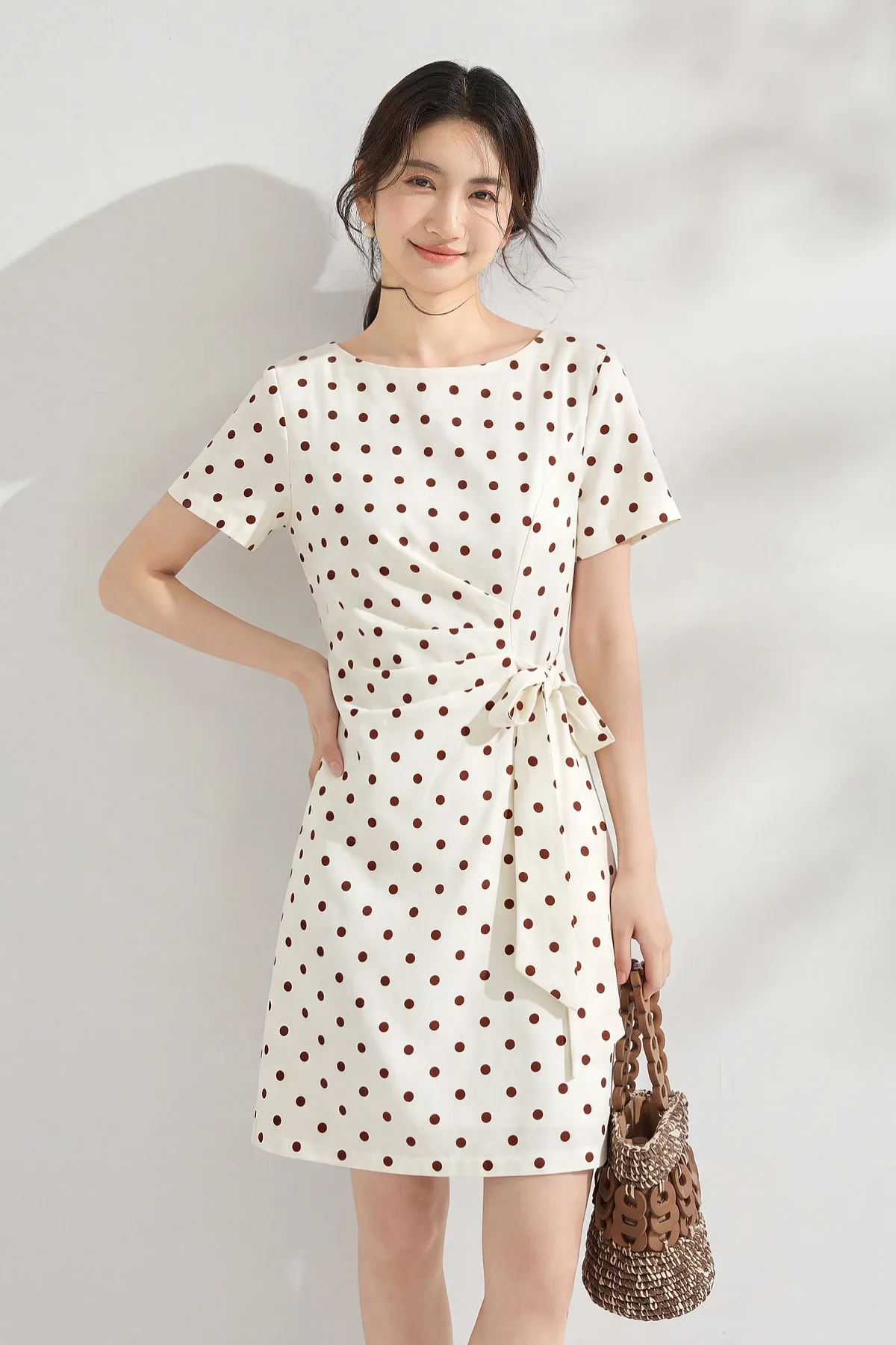 SENTUBILA Damen Französisches Polka-Dot-Kleid Leinen A-Linie Retro Mode Kurzarm Kurzes Kleid Damen Partykleidung 162LI7499 – Detail 10