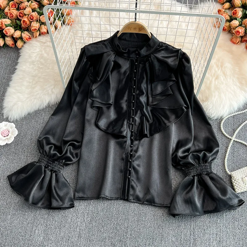 Vintage Style Flared Sleeve Stand Up Collar Acetate Satin Shirt with French Design and Western Style Loose Top