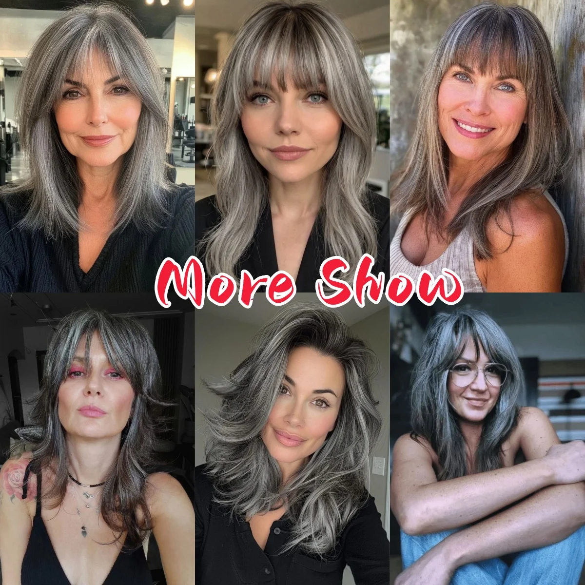 HENRY MARGU Grey Layered Synthetic Natural Wig Medium Length Straight Wig with Bangs for Women Daily Party Wigs Heat Resistant