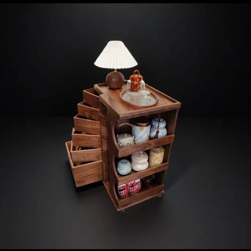 

North American Black Walnut Solid Wood Wheeled Mobile Multifunctional Rotary Drawer Storage Cabinet, Storage Cabinet