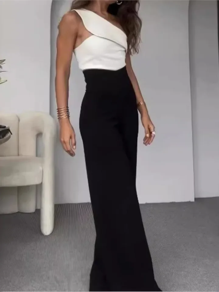 패션 트렌디 팬츠 세트 여성 슬랜트 칼라 오프숄더 탑 하이웨이스트 와이드 레그 바지 투피스 세트 여성 스트리트웨어 2025