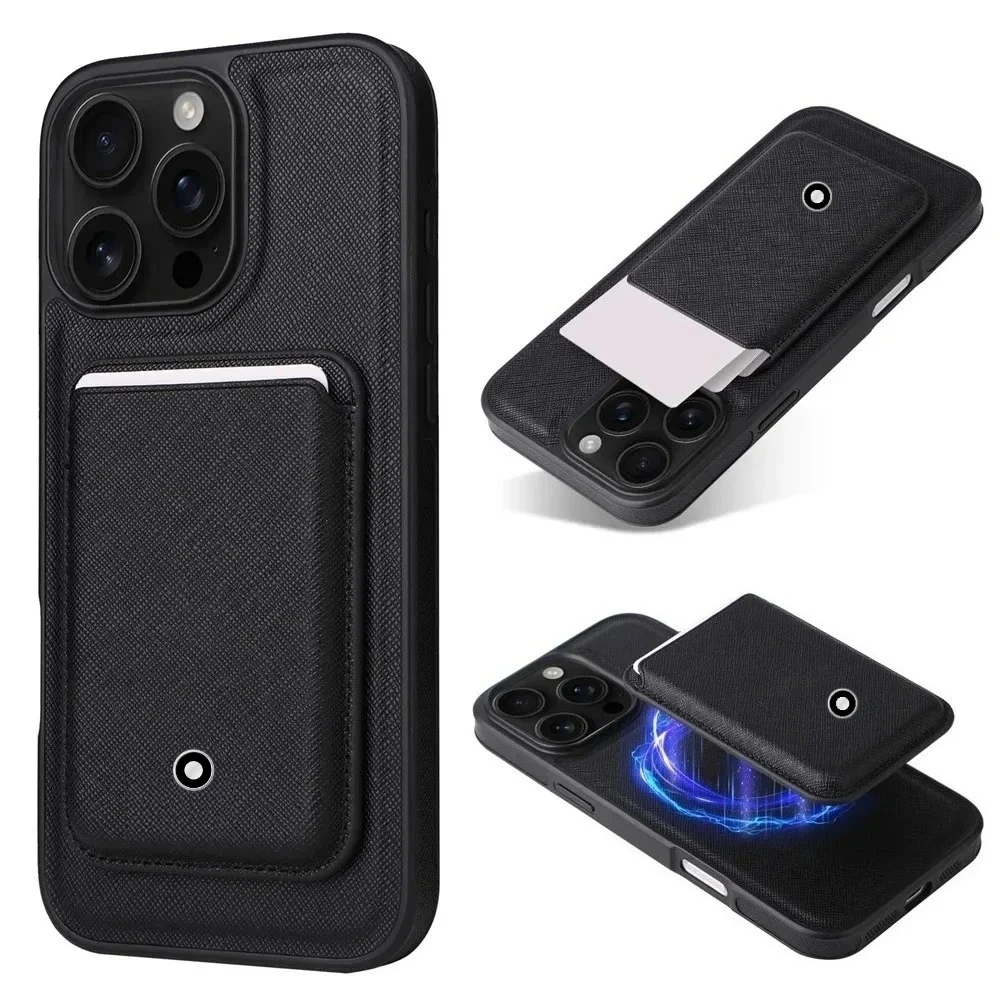 Business Cross Grain Sle Leather for Magsafe Case for IPhone 17 Pro Max 16 15 14 13 Mbla Magnetic Card Holder Protect Cover