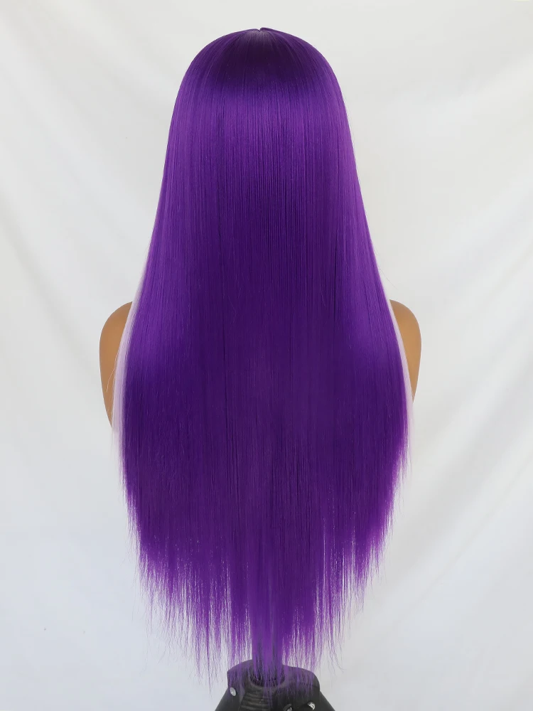 13*3 Purple Synthetic Lace Front Wigs Heat Resistant Fiber Hair Long Straight Hair Wigs Skunk Stripe Light Purple Highlights