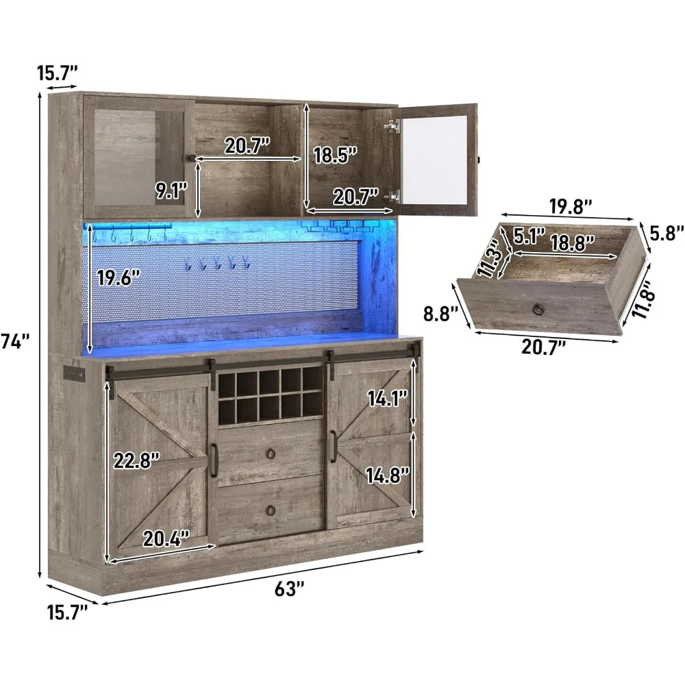 خزانة بار كبيرة على طراز المزرعة مع إضاءة LED 6000 لونًا وباب بيجبورد وباب الحظيرة، 74 طولًا و63 عريضًا