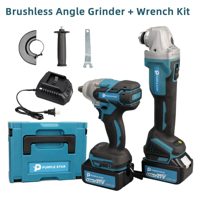 Brushless Power Tools 125mm Angle Grinder Cordless Electric Wrench Combo Kit with 2 Batteries For Makita Tools