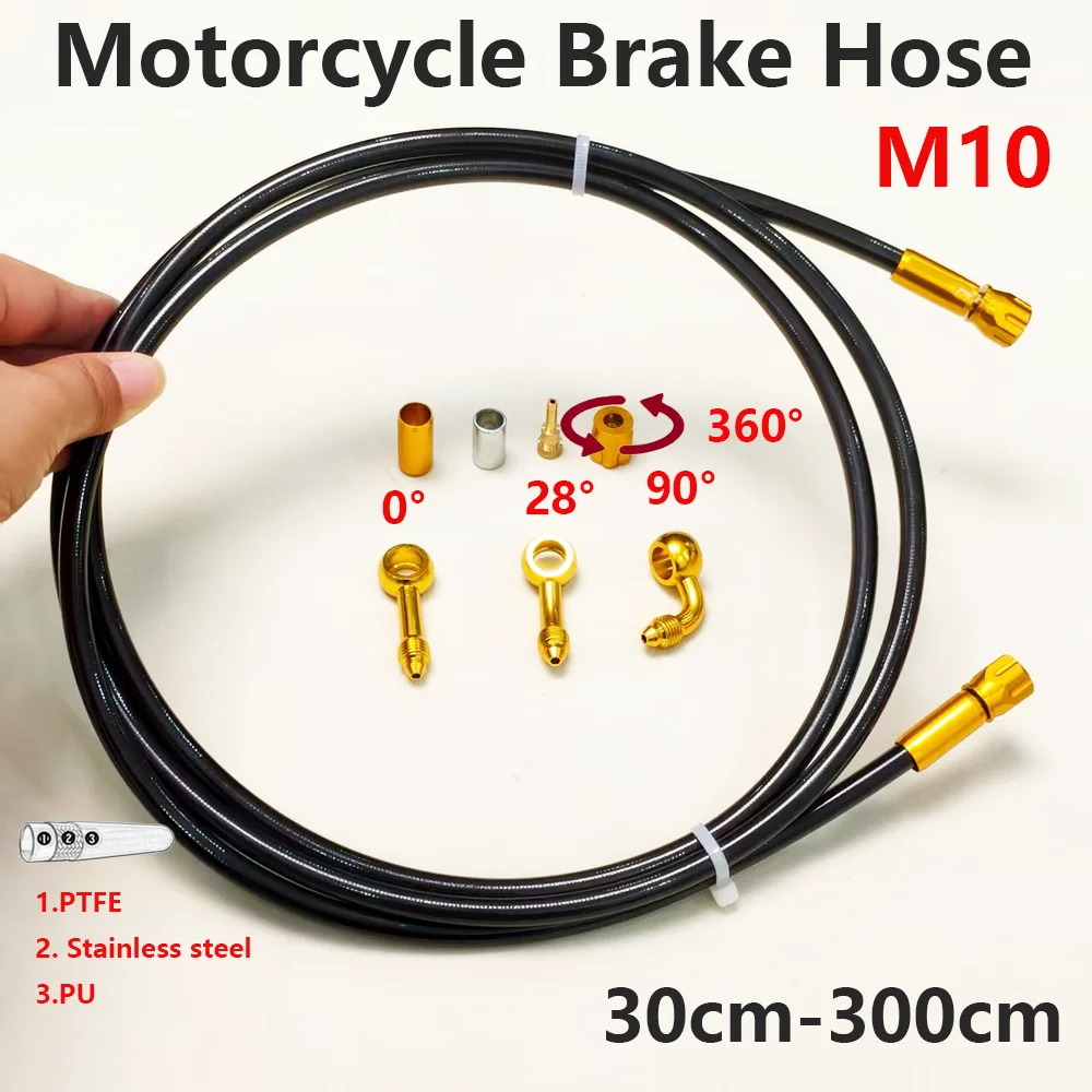 AN3 Stainless Steel Braided Motorcycle Black Brake Hose Line Oil Pipe Clutch Tube with 360°Rotatable Gold Banjo M10 0° 28°  90°
