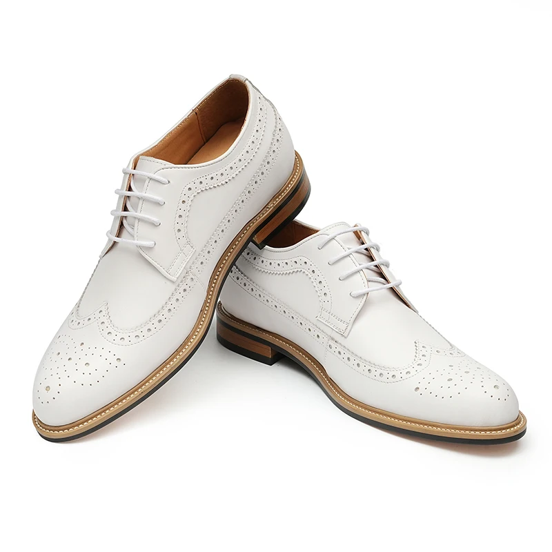 Brogue Shoe British Style Genuine Leather White Shoes Formal Business Invisible Height Increase 5cm Carved Insole Height Leather