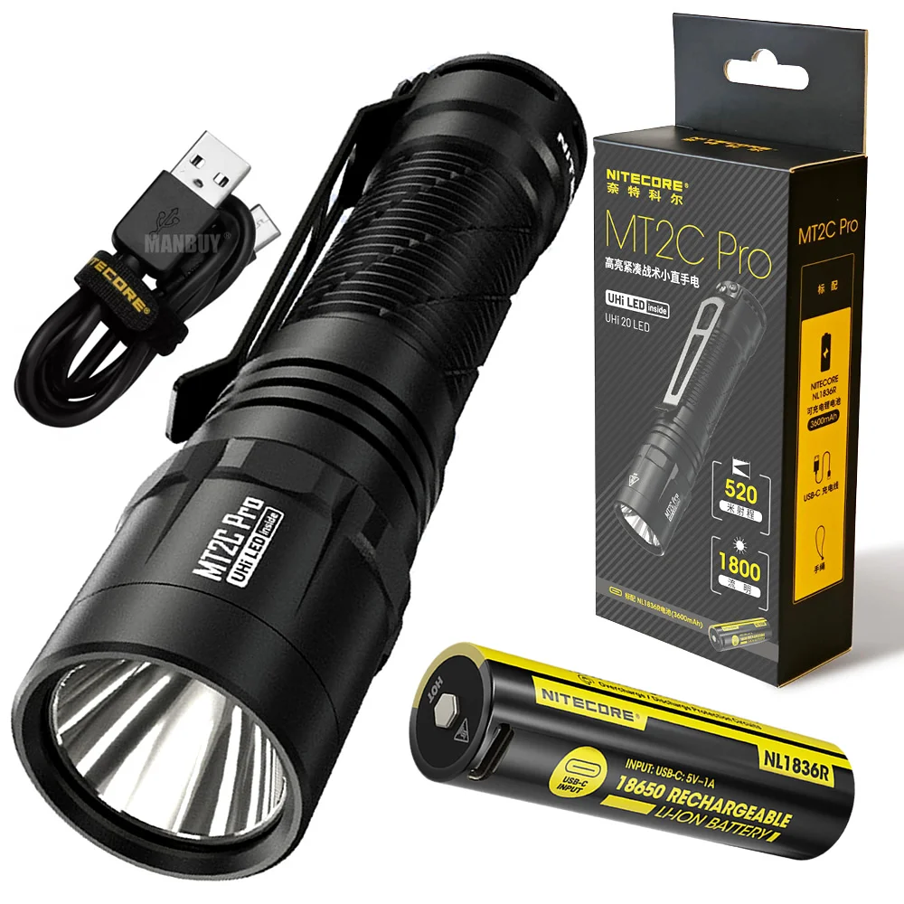 Original NITECORE MT2C-Pro 1800 Lms UHi20 LED High Output Compact Tactical Flashlight NL1836R USB Rechargeable Battery Included