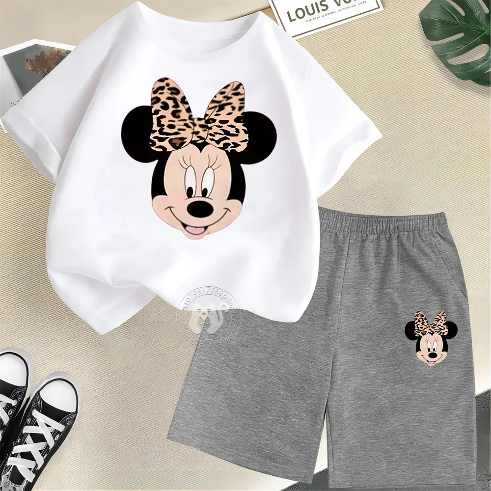 Summer Cartoon Boys & Girls 100% Cotton T-shirt + Shorts Kids Disney Open Minnie Print Fashion Street Boys & Girls Casual Suit