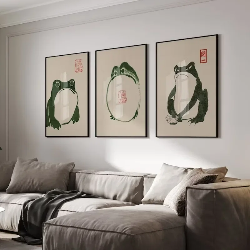 Japan Hajime Matsumoto Green Frog Wall Art Retro Trendy Ukiyo-e Frog Woodblock Print Poster Gallery Living Room Canvas Painting