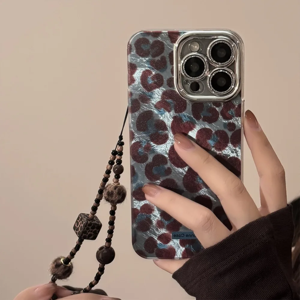 

Retro blue brown leopard print phone case suitable for iPhone 17 16 15 14 13 12 11 Pro/Max/Plus anti drop ball bracelet
