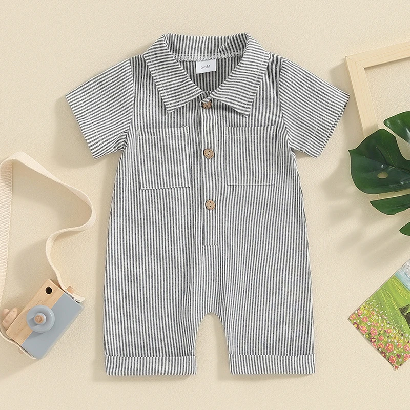 Newborn Summer Baby Boy Clothes Infant Jumpsuit 3 6 12 18 Months Stripe Lapel Short Sleeve Button Down Romper