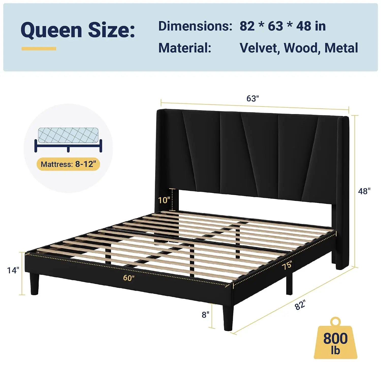 Velvet Platform Bed Frame Queen Wingback Headboard Wooden Slats No Box Spring Easy Assembly, Customized