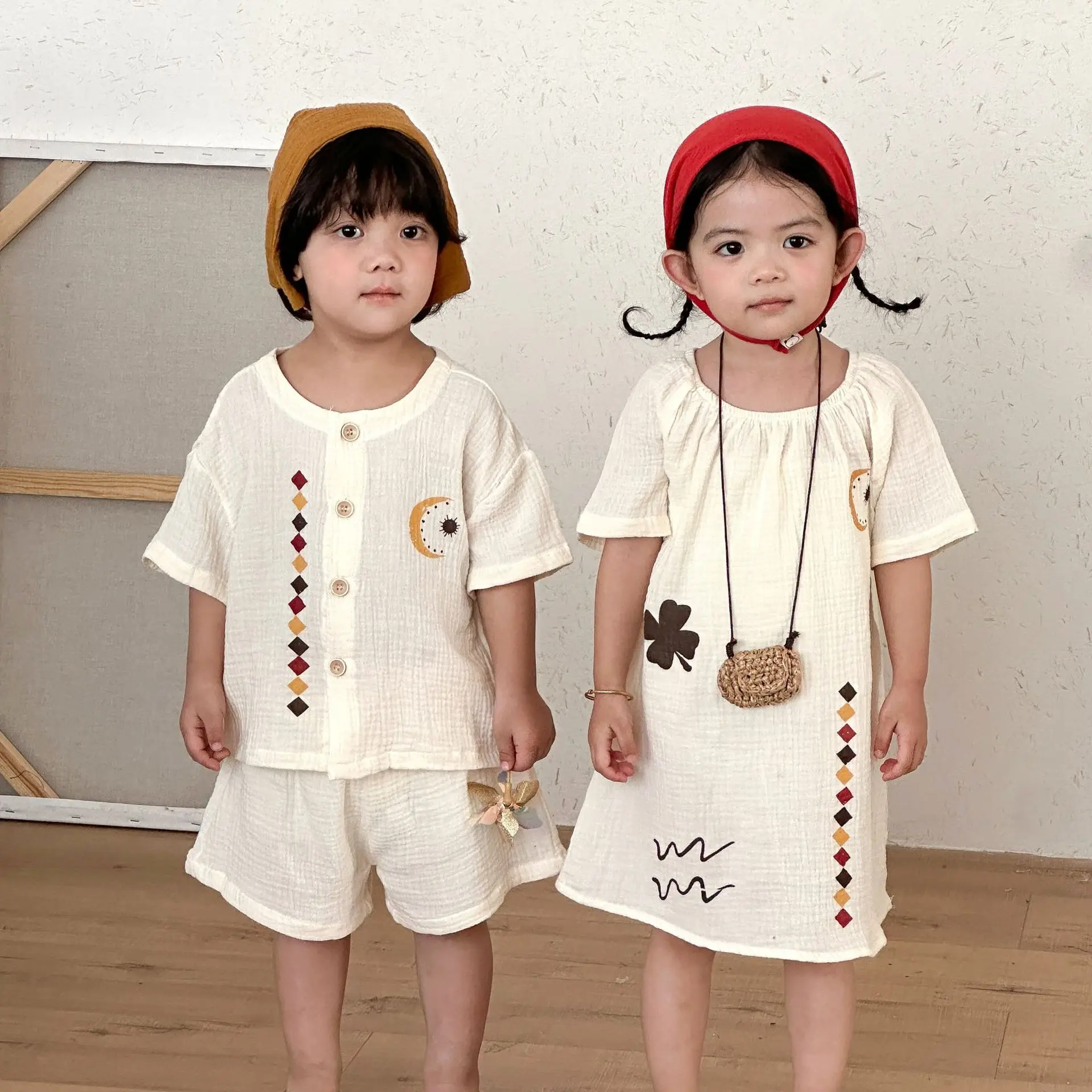 2026 Summer New Children Short Sleeve Home Clothes Set Boys Cotton Yarn 2pcs Suit Girls Breathable Dress Brother Sister Outfits