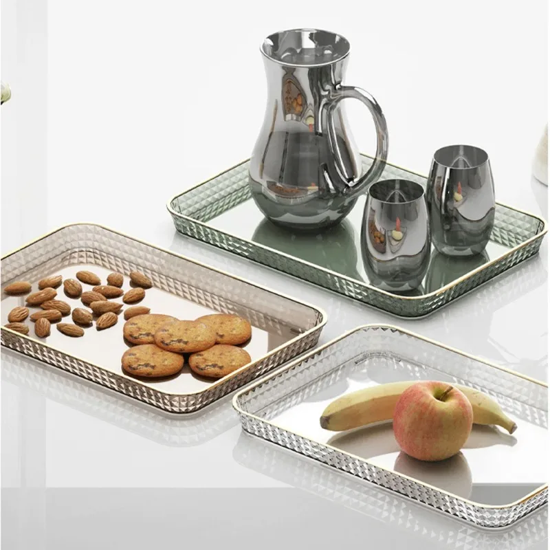 3Pcs Set Light Luxury Rectangular Plastic Serving Tray, Transparent Gold Rim Tray for Fruit, Dessert & Food Storage