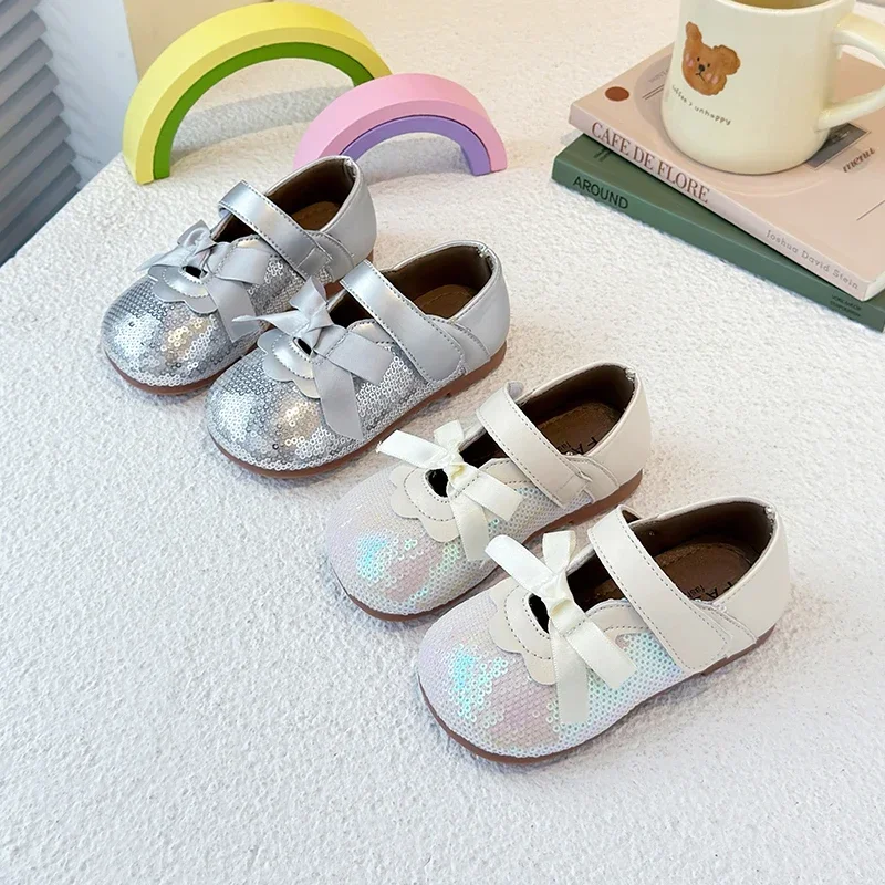 

Girls Princess Shoes Shiny Sequins Ribbon Bows Kids Flat Shoes Non-slip Soft Sole 2025 New Children Dance Shoes Round Toes Ins