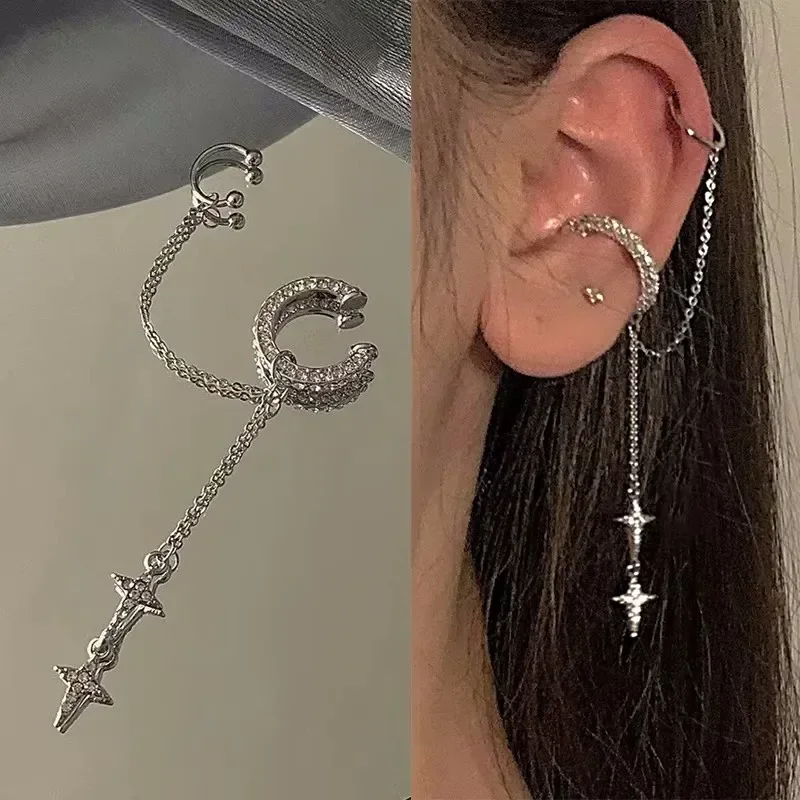 Pendiente con Clip para oreja para mujer, borla de cristal de Color plateado, sin perforación, estrella de diamantes de imitación, joyería para Piercing de cartílago falso