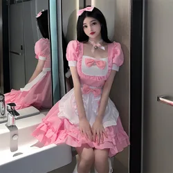 Sexy Lolita Pink Red Cosplay Maid Dress Japanese Sweet Women Kawaii Apron Role Play Costumes Anime Bow Halloween Party Clothing