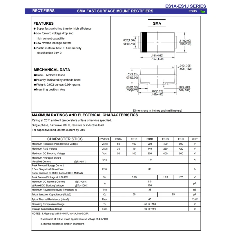ES1M SMA 50PCS DO-214AC 1A 1000V ultraschnelle Erholungsdiode