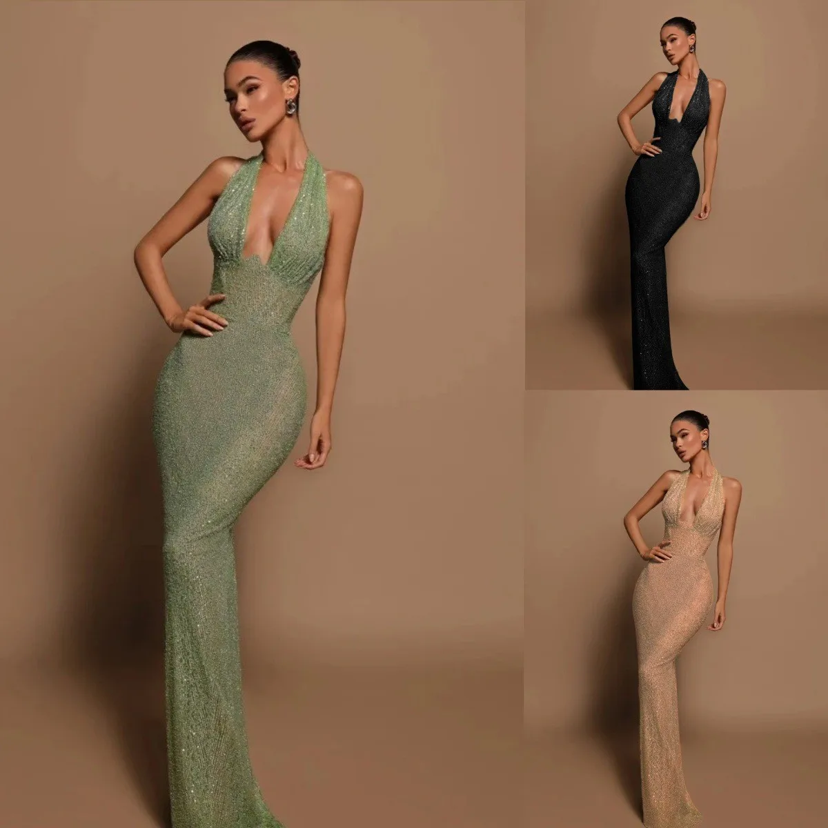 Prom Dress Wedding Guest Party Long Halter Neck Maxi Mermaid Silhouette Green Sequin Evening Dress Black Sequin Luxury Party