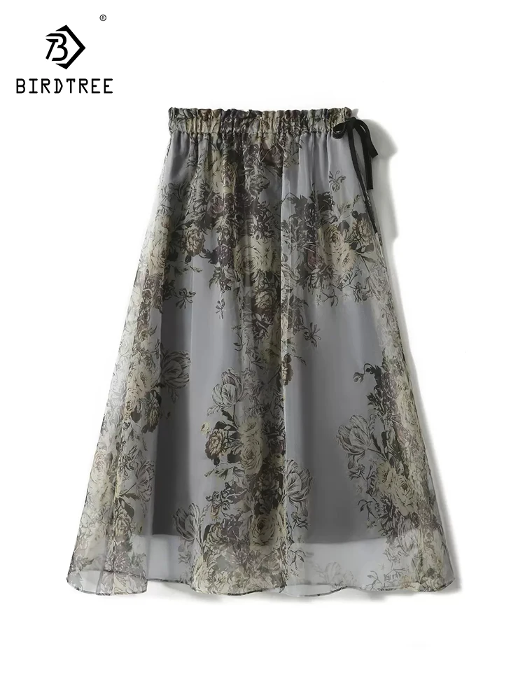 BirdTree, 100%Mulberry Silk Elegant Skirt, Women Flower Printed, Romantic French Commute A-Line Skirt, 2024 Summer New B43664QC