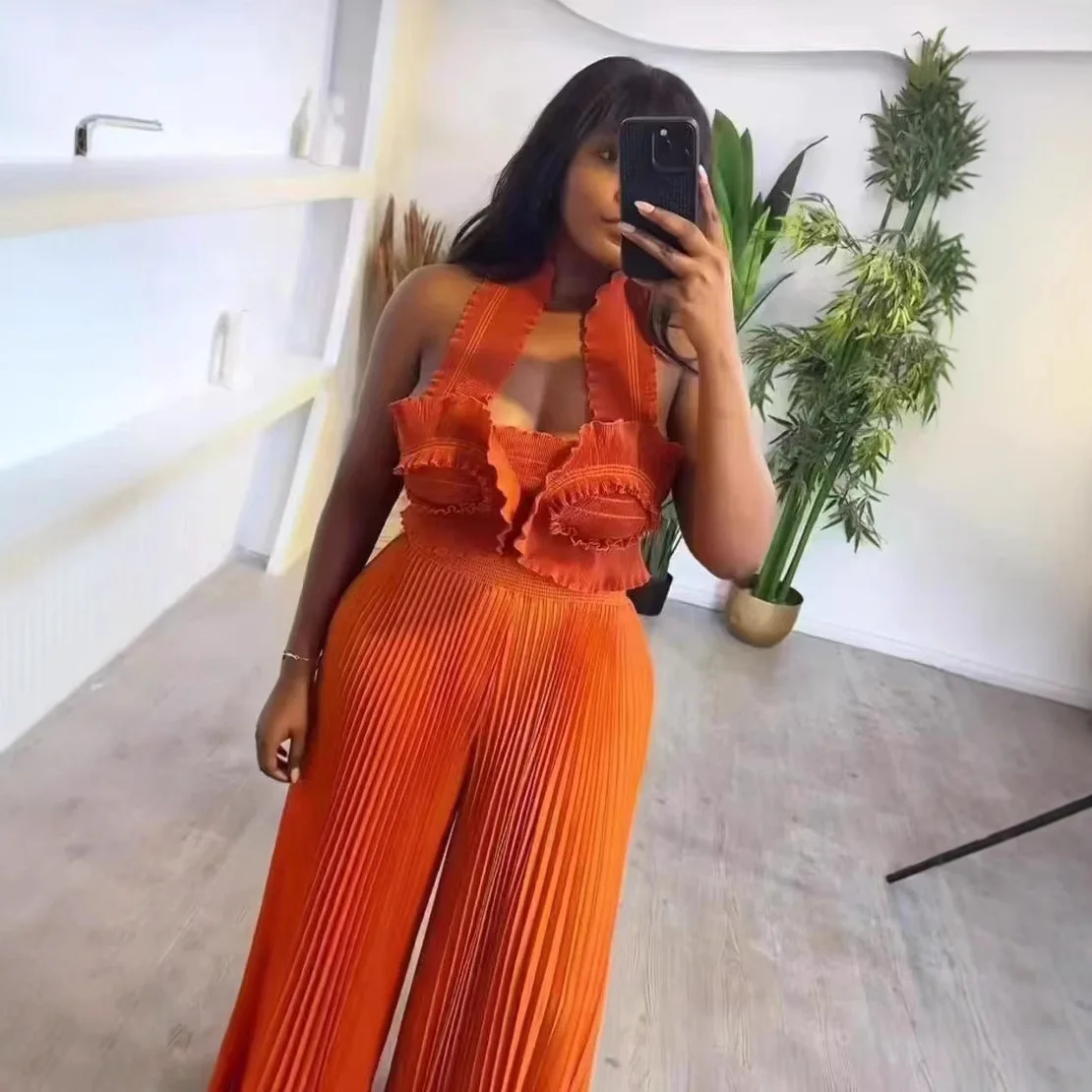 คุณภาพสูง ISSEYS MIYAKES ruffled เซ็กซี่ cami top sun จีบกางเกงขากว้างชุดสองชิ้น