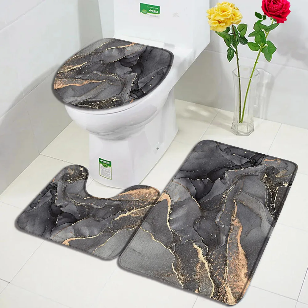 Abstract Black Marble Bath Mat Set Gold Lines Crackle Texture Modern Home Carpet Bathroom Decor Anti Slip Rugs Toilet Lid Cover