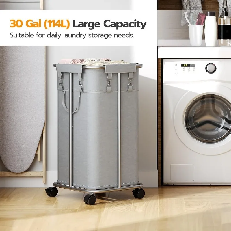 Laundry Basket with Wheels, 30 Gal (114 L) Rolling Laundry Hamper, Oxford Fabric Clothes Hampers