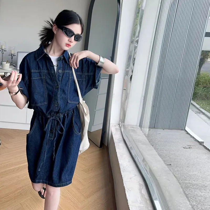 

2025 Summer New Style Girls' Jumpsuit Denim Dress, Children's Slim-Fit Workwear Short Dress, Lightweight.