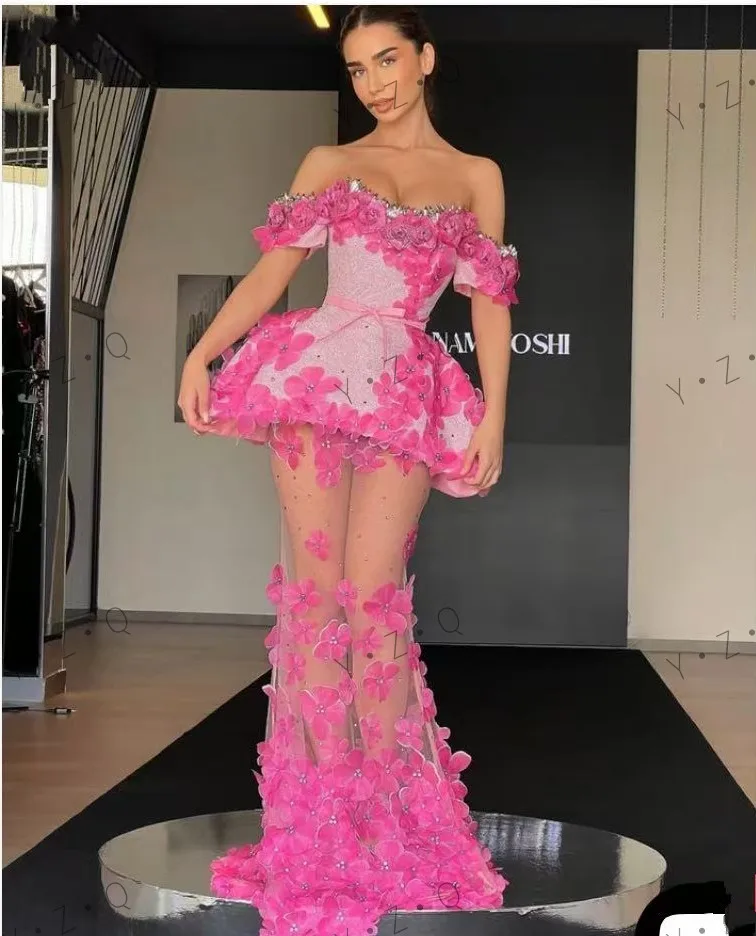 3D-Blumen-Maxikleider, Perlen, Schößchen, rosa Tüll, Ballkleider, Meerjungfrau-Korsett, langes Ballkleid, Blumen, herzförmiger Ausschnitt, Schnürung