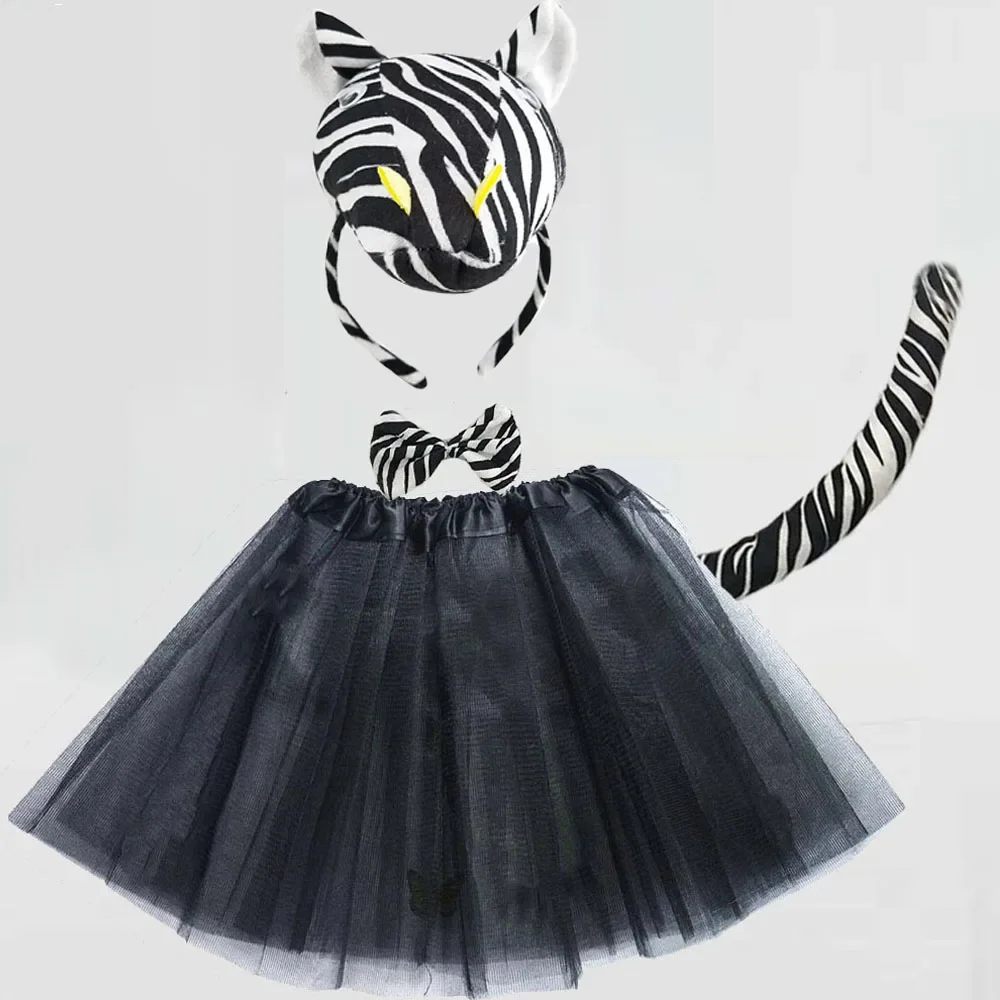 Eymobad Costume de Chat Pour Enfants, Ensemble de 5 Pièces pour Carnaval, Tutu, Jupe en Tulle, Bandeau avec Oreilles de Chat, Queue, Cravate