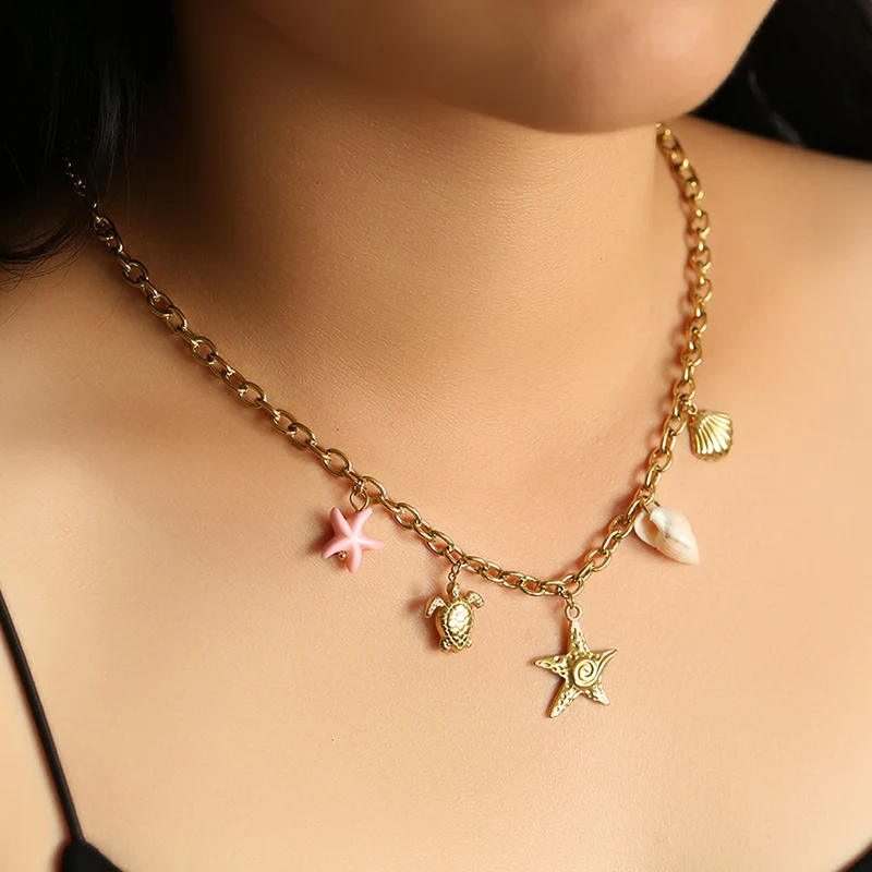 EILIECK 316L Stainless Steel Gold Color Starfish Turtle Pendant Necklace Trendy Handmade Neck Chain Waterproof Jewelry for Women