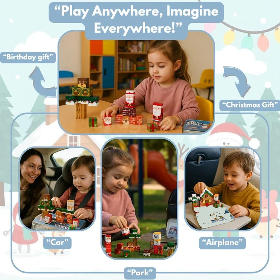 مجموعة مغناطيسية مكونة من 45 قطعة ألعاب بناء تعليمية للسفر في عيد الميلاد للأطفال محمولة مع صندوق تخزين معدني