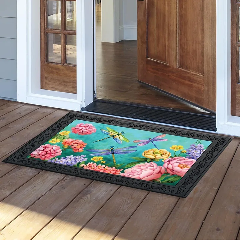 Spring Flower Dragonfly Welcome Doormat Indoor Outdoor Entrance Floor Rug for Front Door Patio Garden Home Decor